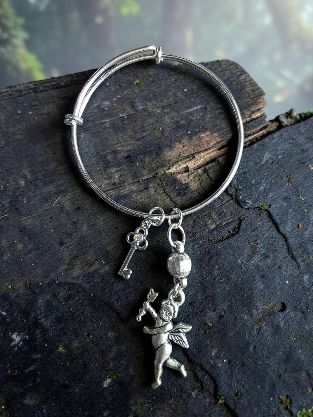 Silver Adjustable Wire Bangle Bracelet Cupid Angel and Key Charms